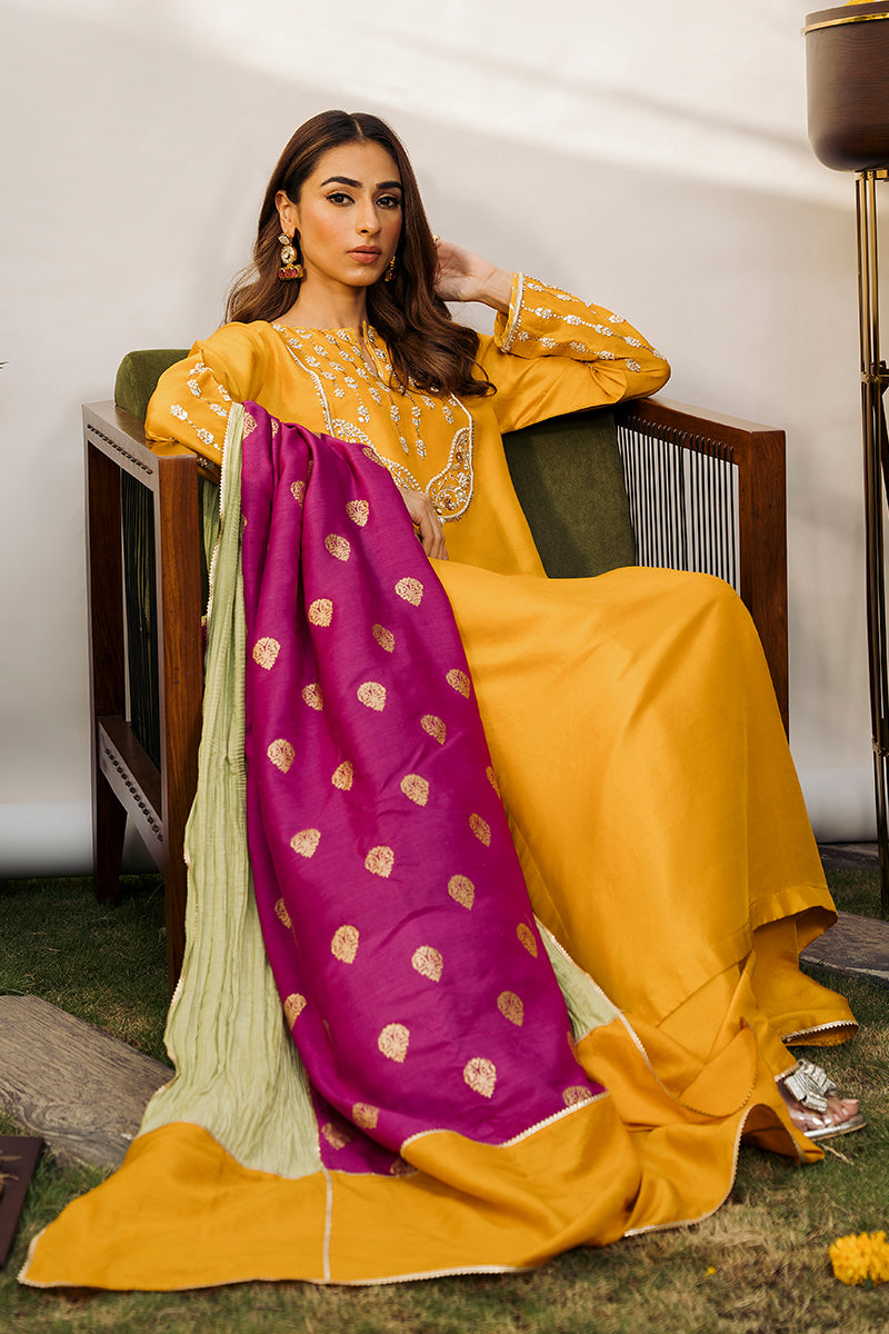 Pakistani Marigold Hand-Embellished Raw Silk Salwar Kameez (3-Piece) - Image 7