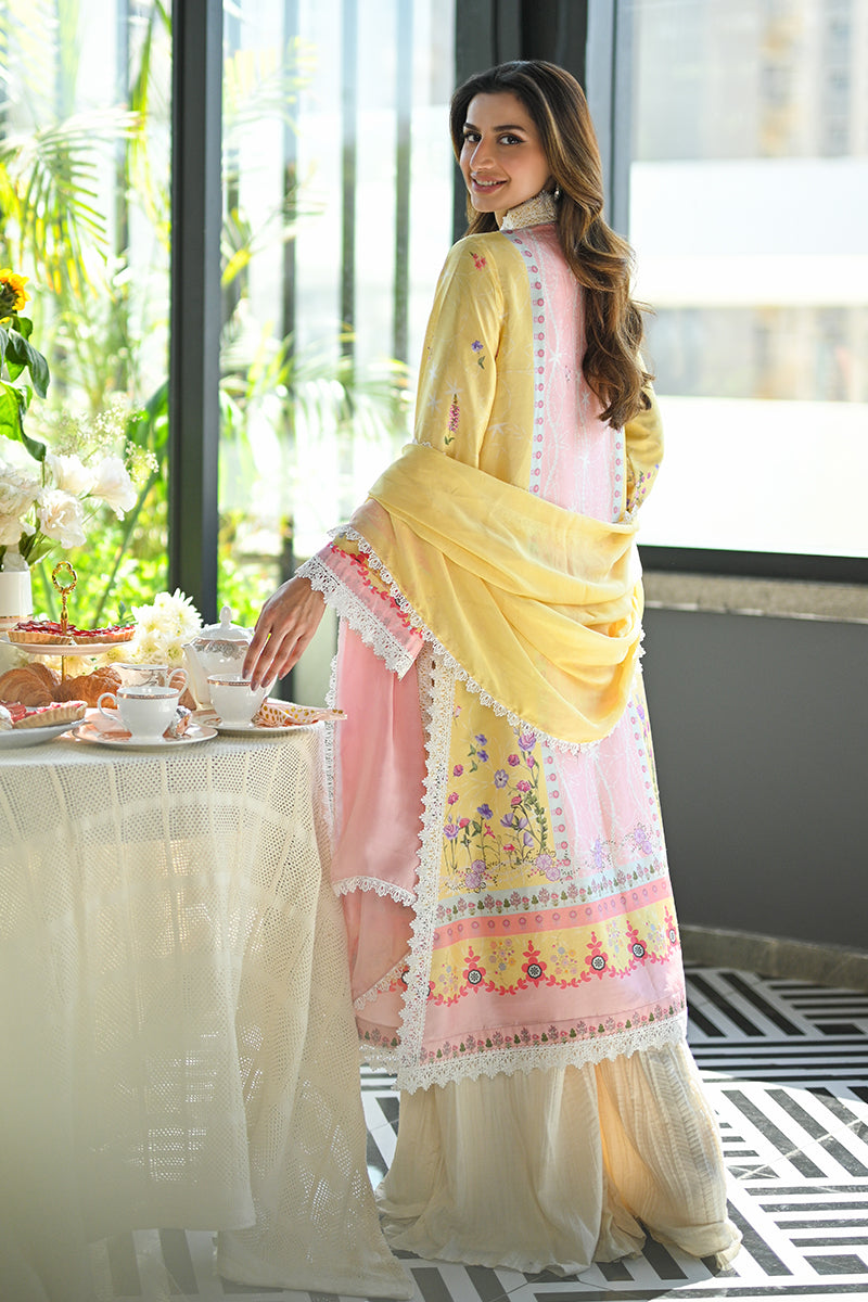 Pakistani Yellow Floral Printed Pure Raw Silk Salwar Kameez (3-Piece) - Image 2