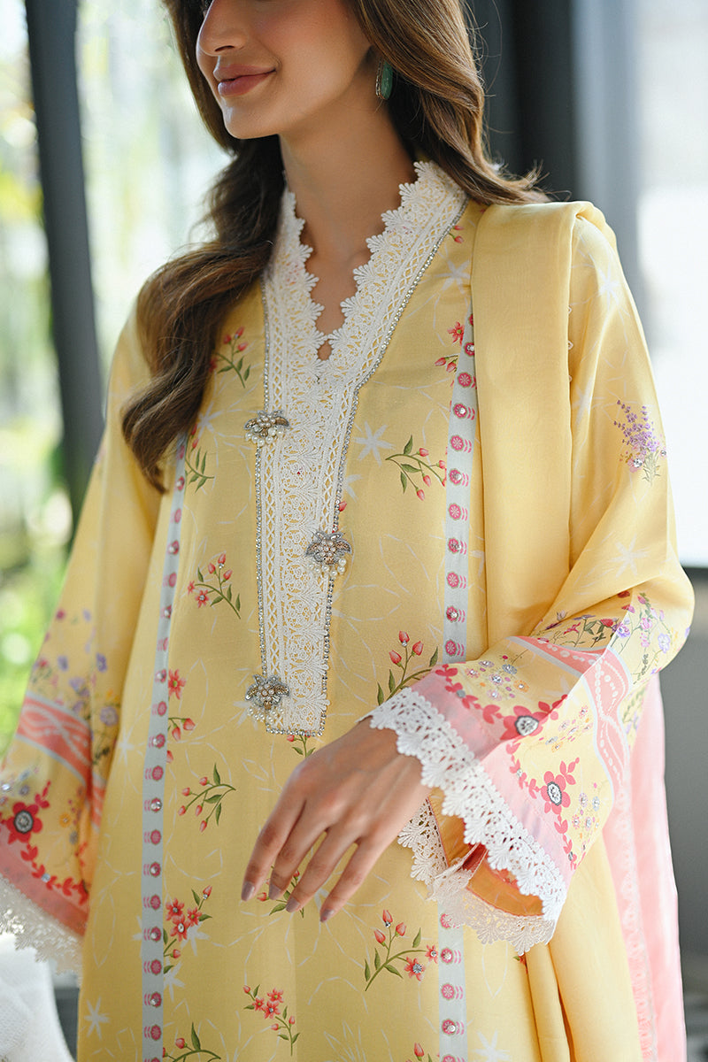 Pakistani Yellow Floral Printed Pure Raw Silk Salwar Kameez (3-Piece) - Image 3