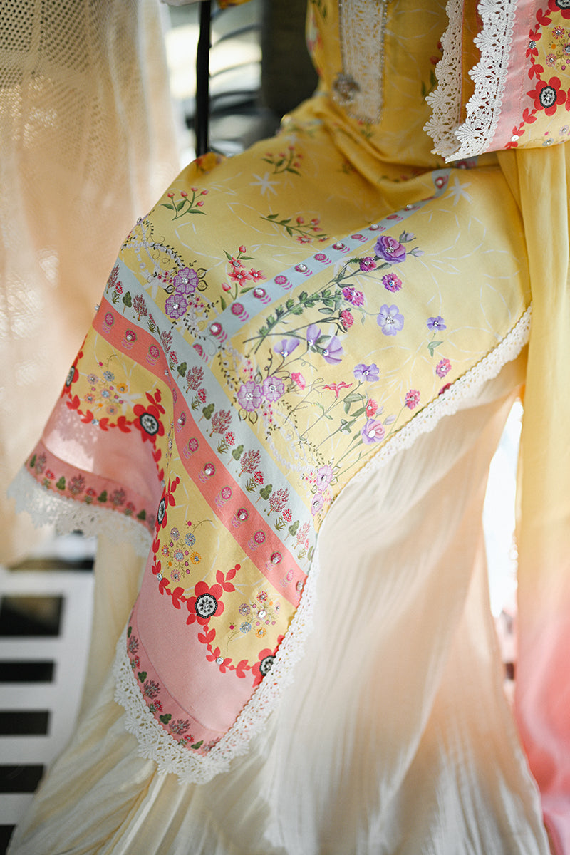 Pakistani Yellow Floral Printed Pure Raw Silk Salwar Kameez (3-Piece) - Image 4