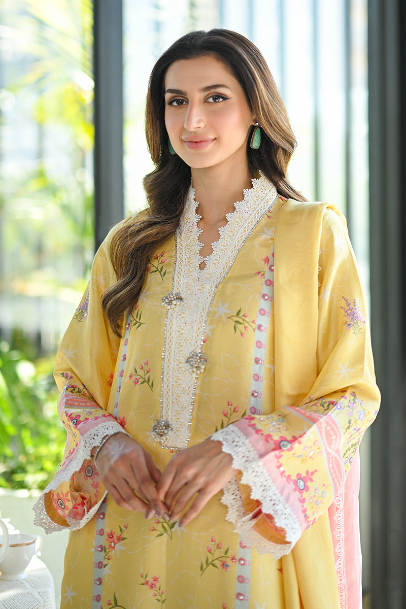 Pakistani Yellow Floral Printed Pure Raw Silk Salwar Kameez (3-Piece) - Image 5