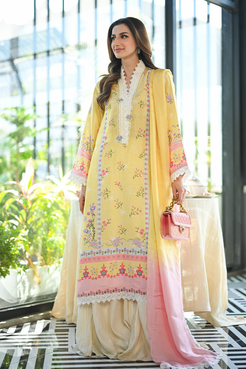 Pakistani Yellow Floral Printed Pure Raw Silk Salwar Kameez (3-Piece) - Image 6