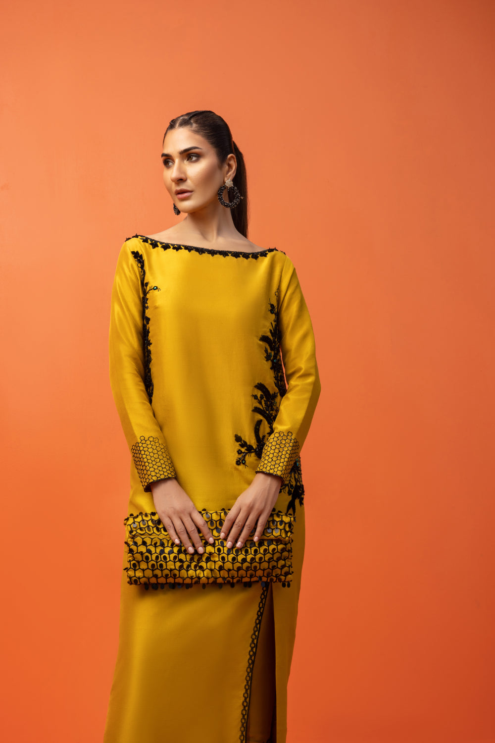 Pakistani Mustard Embroidered Raw Silk Long Shirt (2-Piece) - Image 2