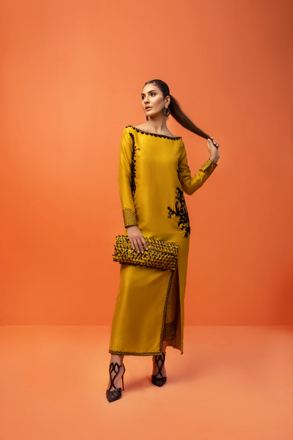 Pakistani Mustard Embroidered Raw Silk Long Shirt (2-Piece) - Image 3