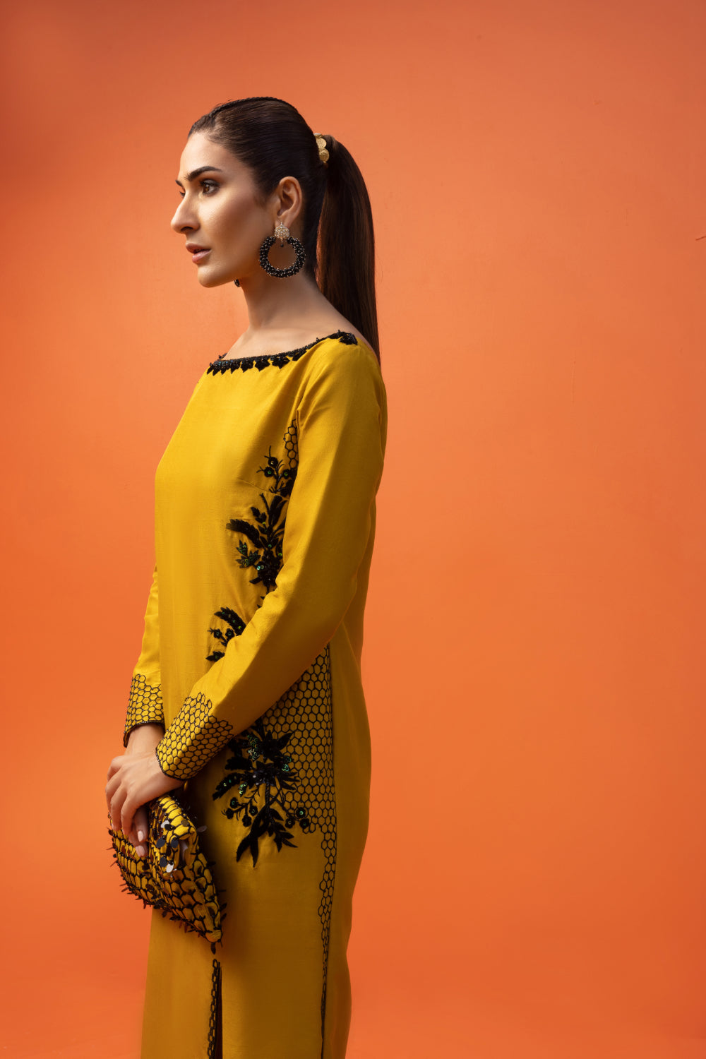 Pakistani Mustard Embroidered Raw Silk Long Shirt (2-Piece) - Image 4