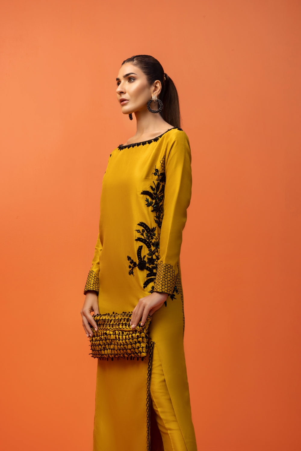 Pakistani Mustard Embroidered Raw Silk Long Shirt (2-Piece) - Image 5