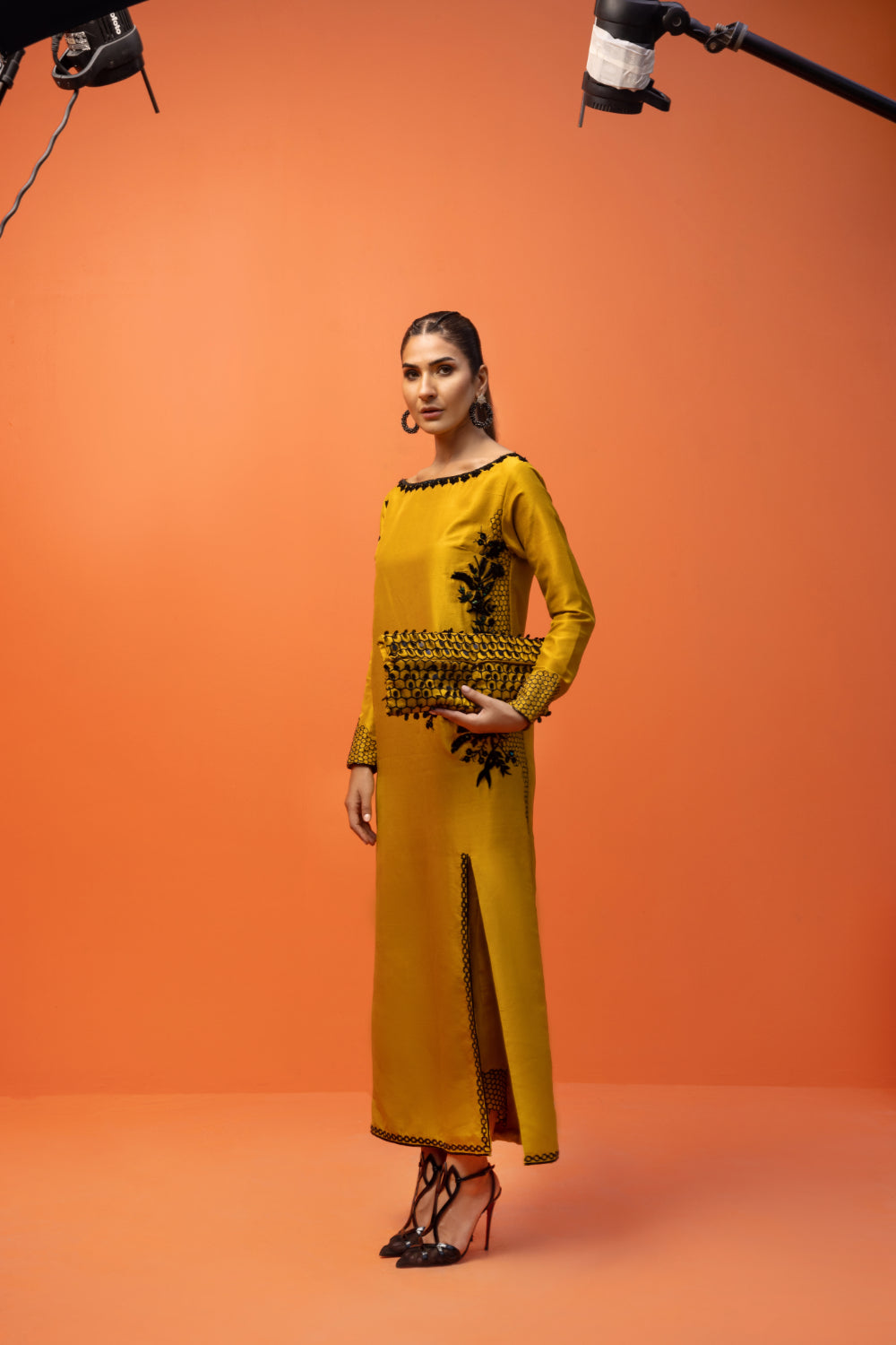 Pakistani Mustard Embroidered Raw Silk Long Shirt (2-Piece) - Image 6