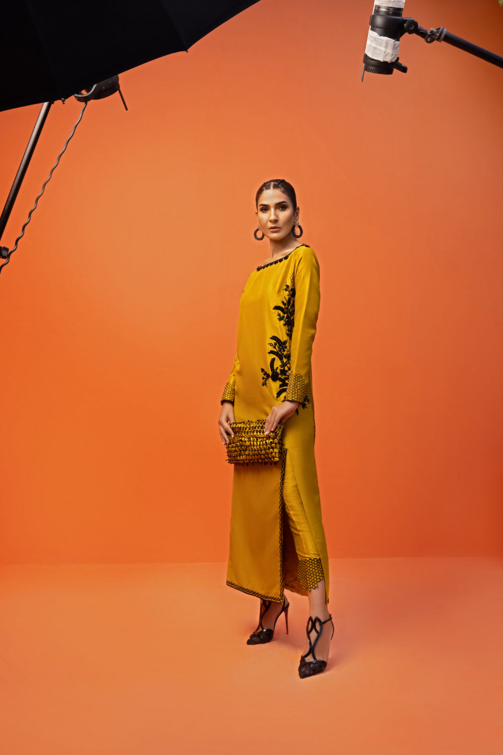 Pakistani Mustard Embroidered Raw Silk Long Shirt (2-Piece) - Image 7