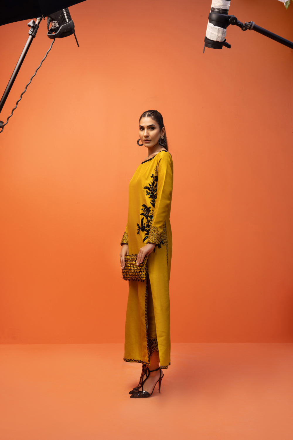 Pakistani Mustard Embroidered Raw Silk Long Shirt (2-Piece) - Image 8