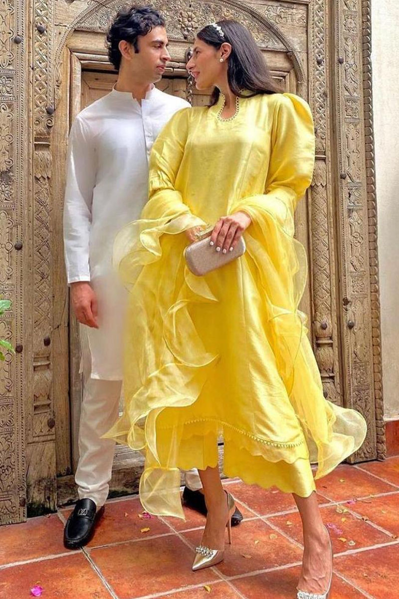 Pakistani Sunshine Yellow Raw Silk Salwar Kameez (2-Piece) - Image 3