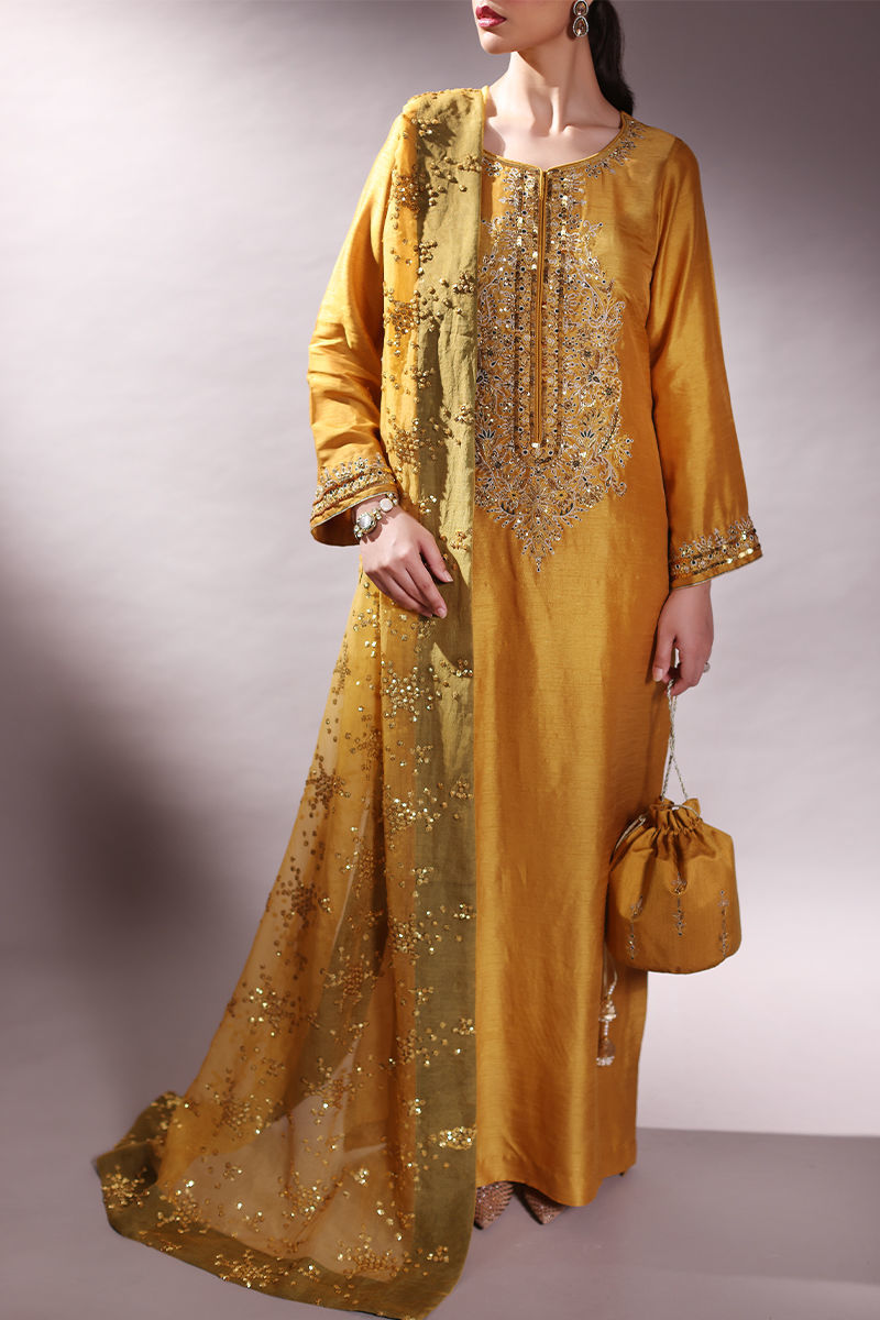 Pakistani Mustard Embroidered Korean Raw Silk Salwar Kameez (3-Piece) - Image 1