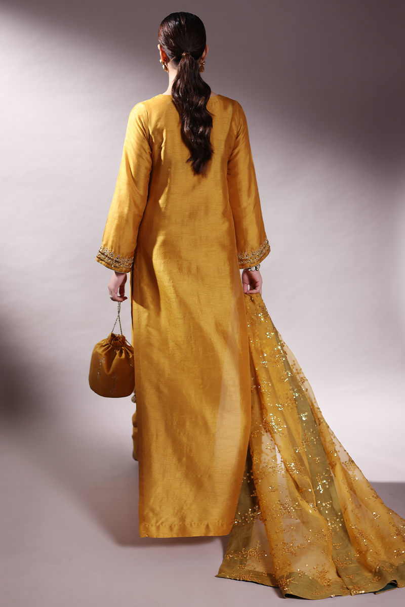 Pakistani Mustard Embroidered Korean Raw Silk Salwar Kameez (3-Piece) - Image 2