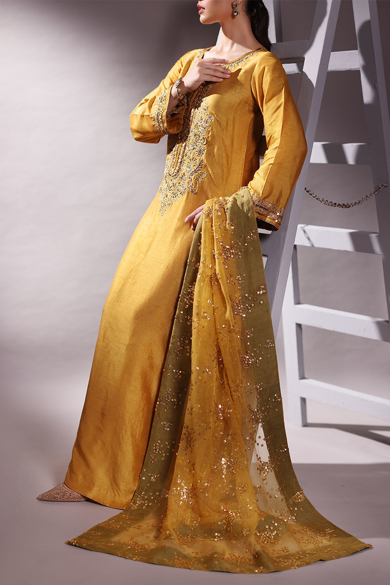 Pakistani Mustard Embroidered Korean Raw Silk Salwar Kameez (3-Piece) - Image 3