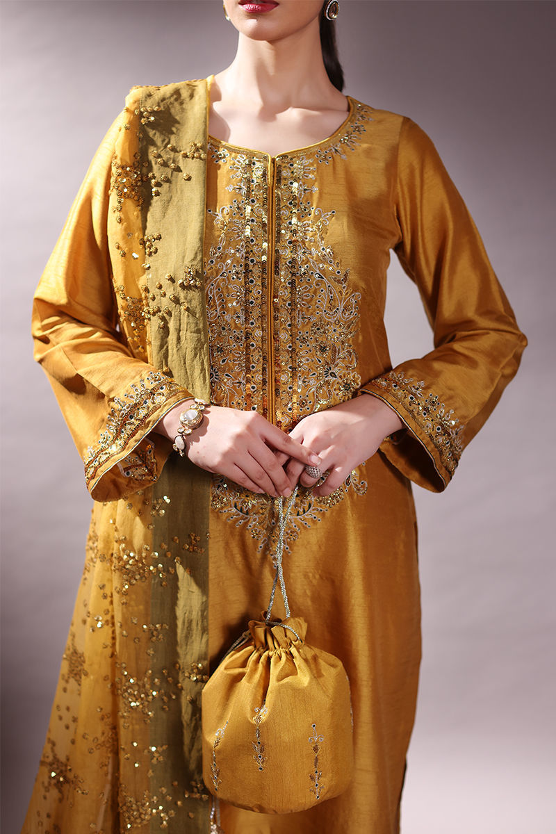 Pakistani Mustard Embroidered Korean Raw Silk Salwar Kameez (3-Piece) - Image 4