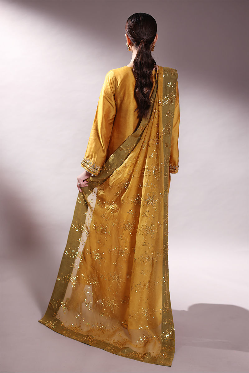 Pakistani Mustard Embroidered Korean Raw Silk Salwar Kameez (3-Piece) - Image 5