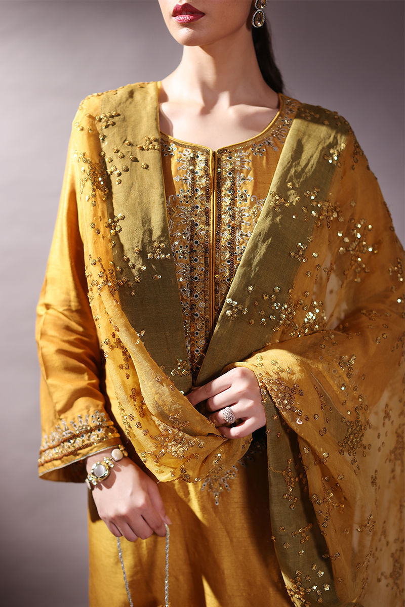 Pakistani Mustard Embroidered Korean Raw Silk Salwar Kameez (3-Piece) - Image 7