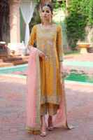 Pakistani Mustard Yellow Embellished Raw Silk Salwar Kameez (3-Piece) - Image 2