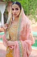 Pakistani Mustard Yellow Embellished Raw Silk Salwar Kameez (3-Piece) - Image 5