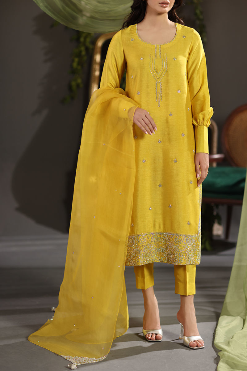 Mustard Swarovski Raw Silk Salwar Kameez (3-Piece) - Image 1