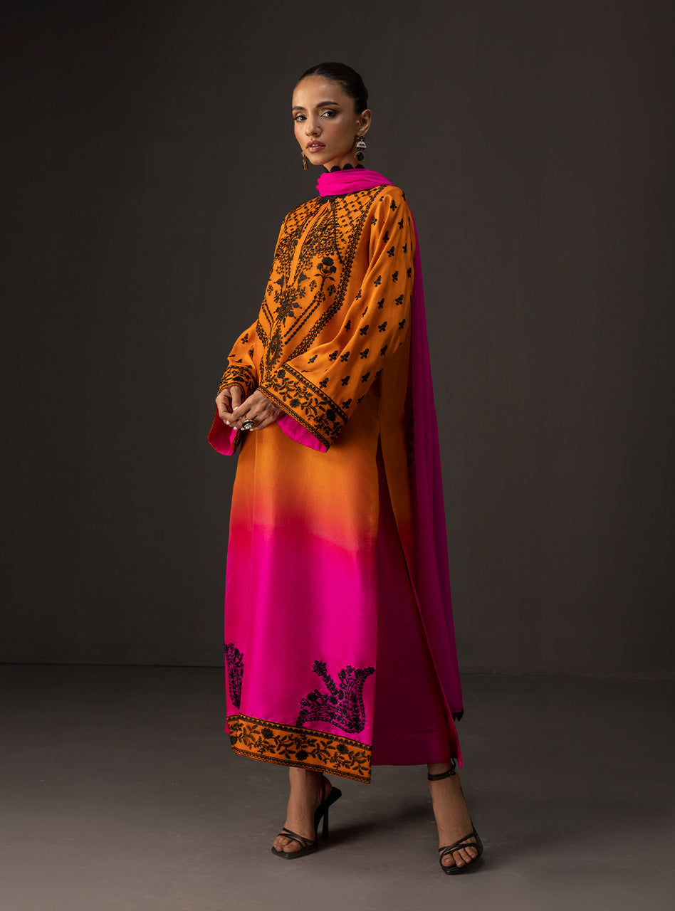 Yellow to Magenta Embroidered Raw Silk Salwar Kameez (3-Piece) - Image 4