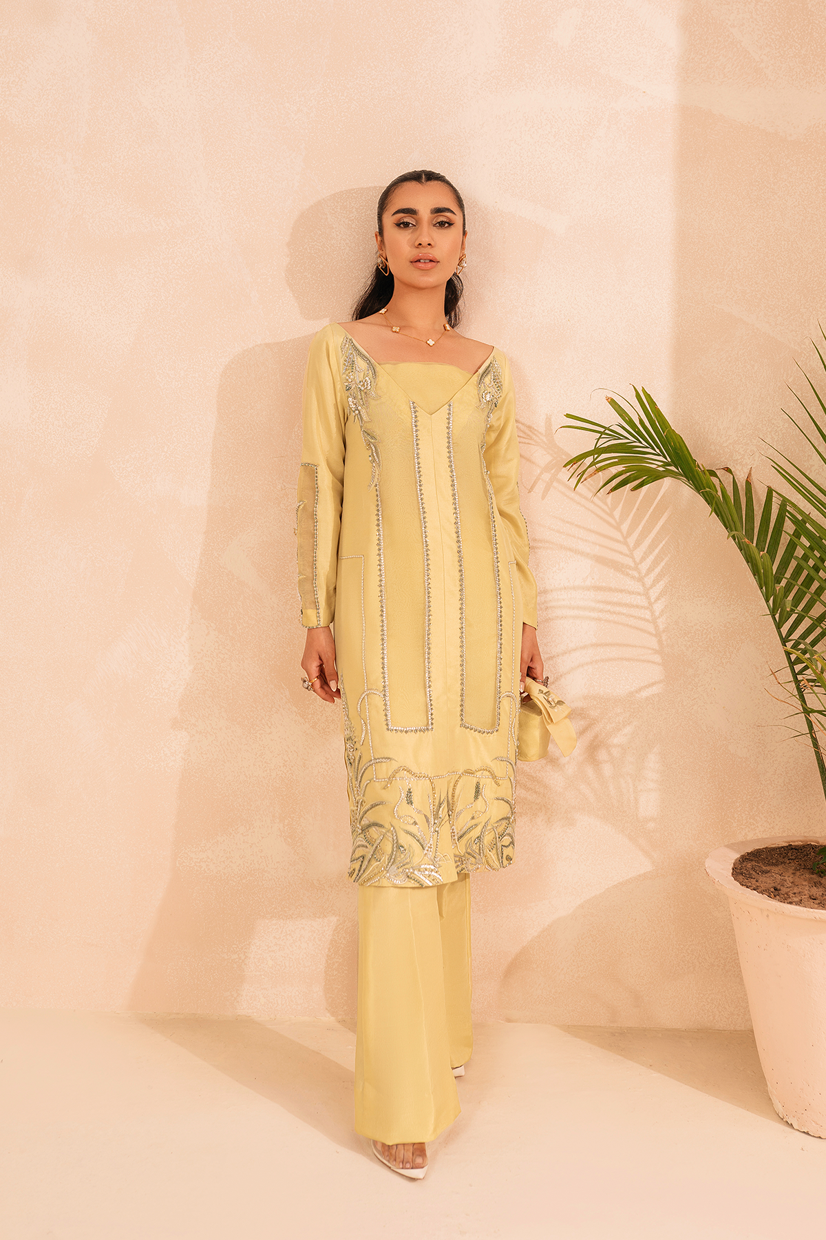 Lime Yellow Embroidered Raw Silk Jacket Set (2-Piece) - Image 1