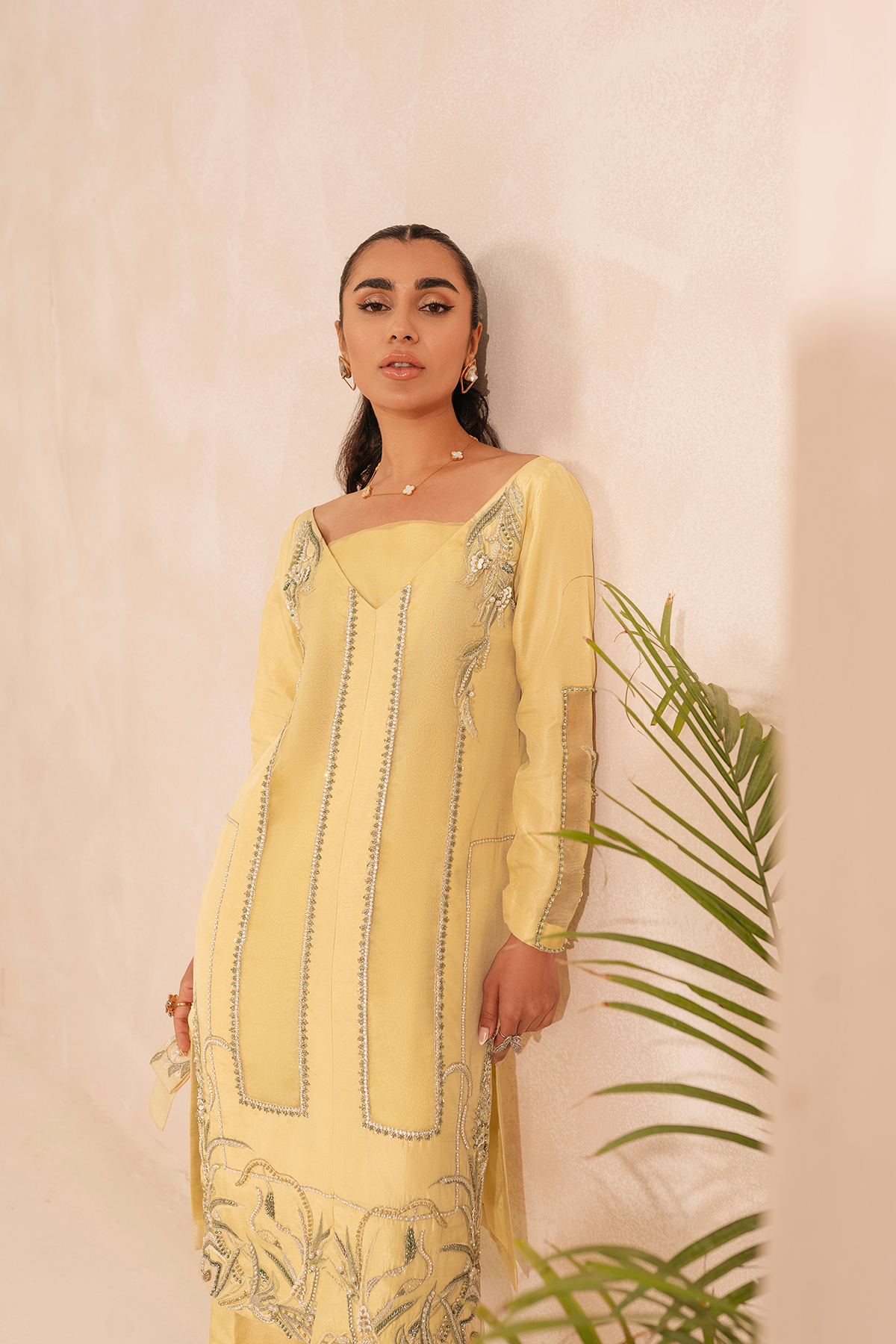 Lime Yellow Embroidered Raw Silk Jacket Set (2-Piece) - Image 2