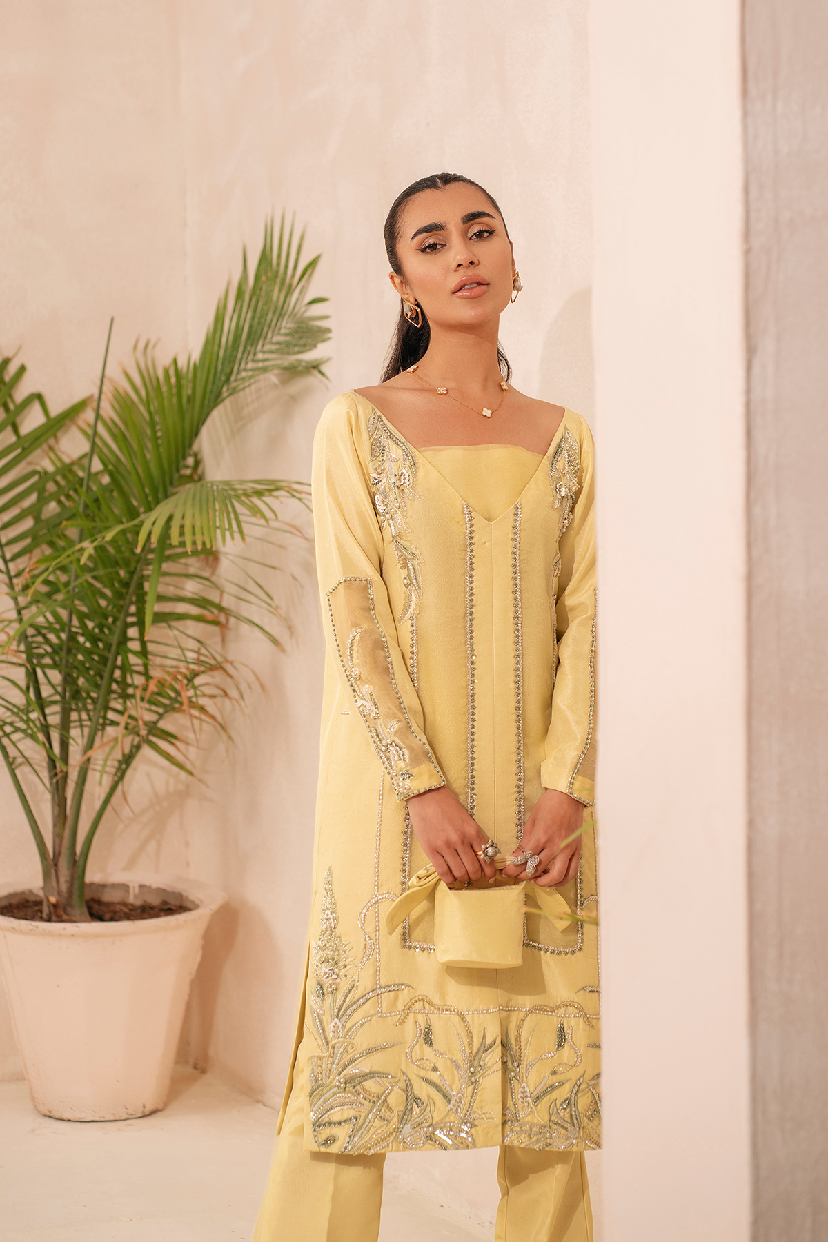 Lime Yellow Embroidered Raw Silk Jacket Set (2-Piece) - Image 3