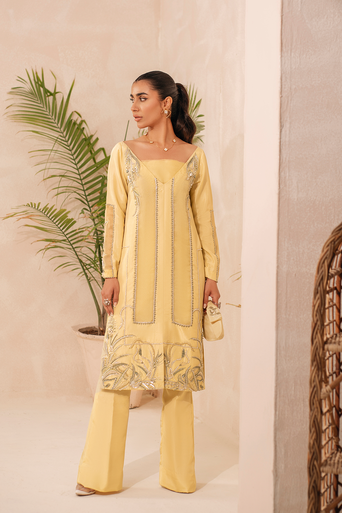 Lime Yellow Embroidered Raw Silk Jacket Set (2-Piece) - Image 4