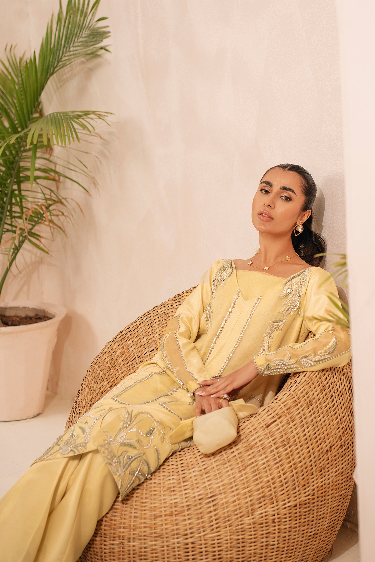 Lime Yellow Embroidered Raw Silk Jacket Set (2-Piece) - Image 5