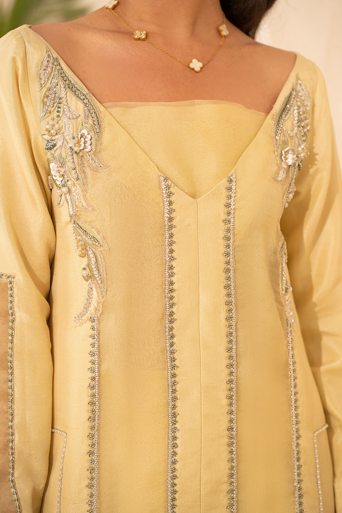 Lime Yellow Embroidered Raw Silk Jacket Set (2-Piece) - Image 6