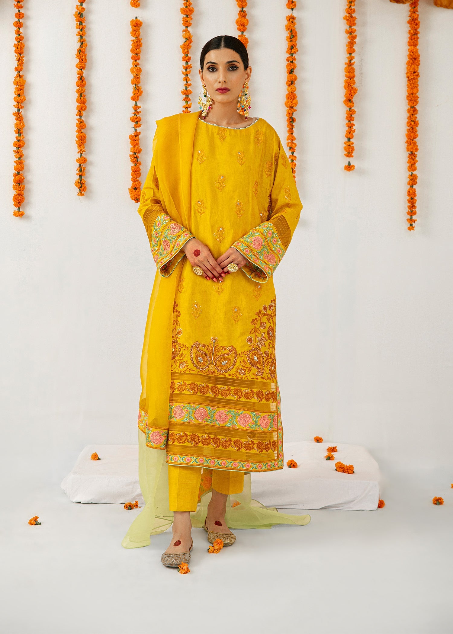 Mustard Embroidered Raw Silk Kurta Set (3-Piece) - Image 1