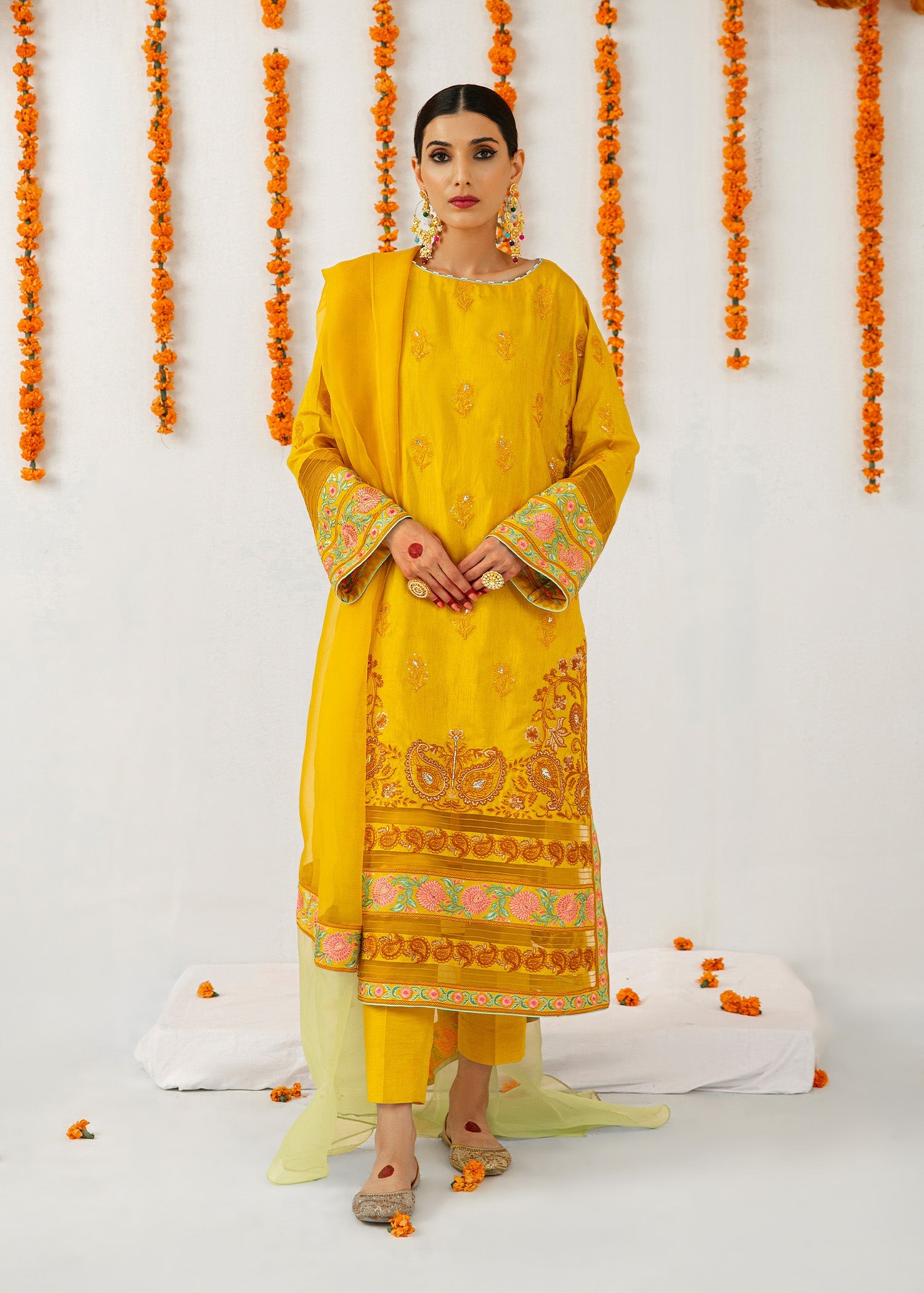 Mustard Embroidered Raw Silk Kurta Set (3-Piece) - Image 2