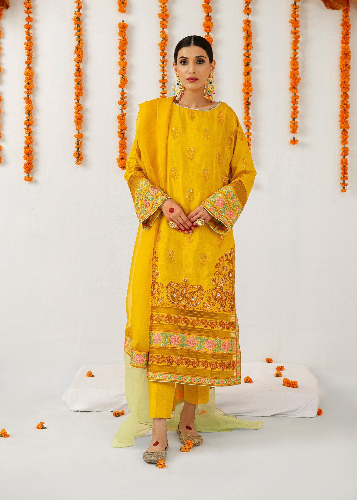 Mustard Embroidered Raw Silk Kurta Set (3-Piece) - Image 3