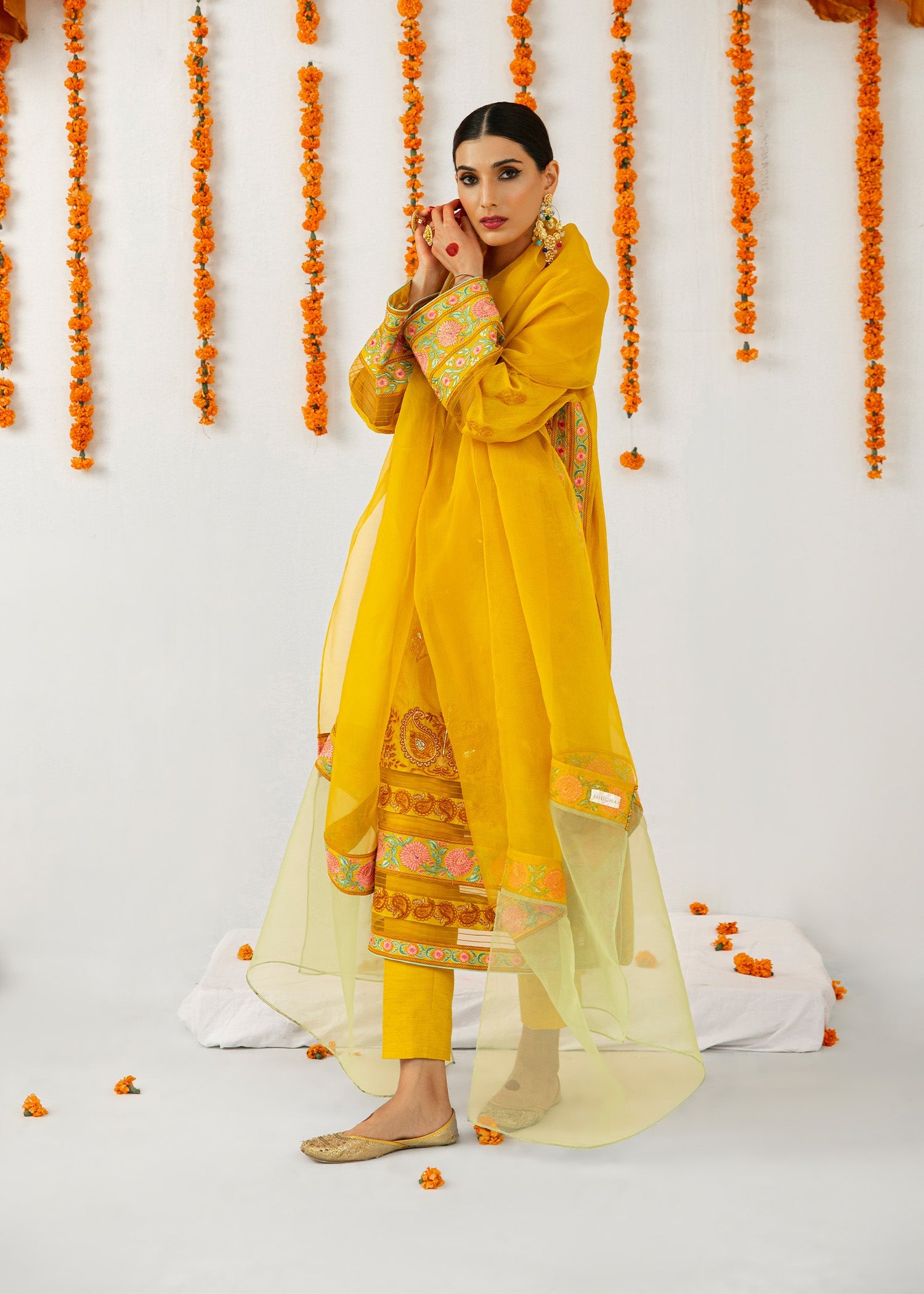 Mustard Embroidered Raw Silk Kurta Set (3-Piece) - Image 4