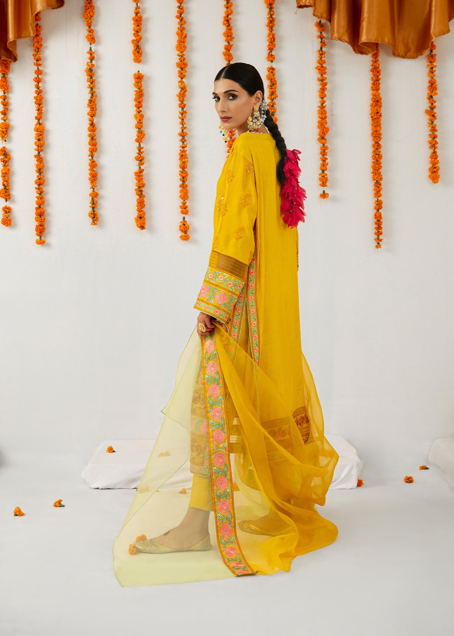 Mustard Embroidered Raw Silk Kurta Set (3-Piece) - Image 5