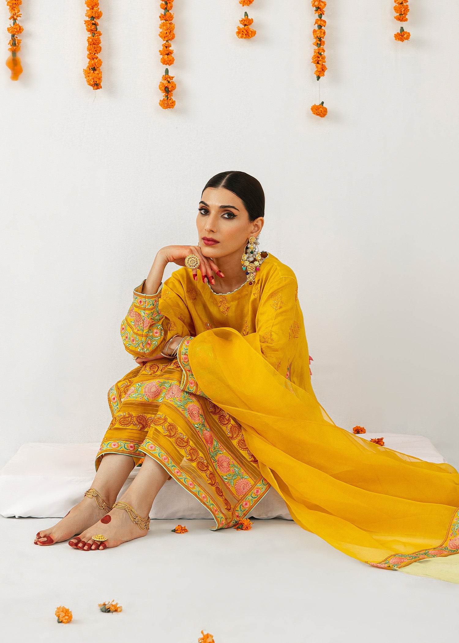 Mustard Embroidered Raw Silk Kurta Set (3-Piece) - Image 8
