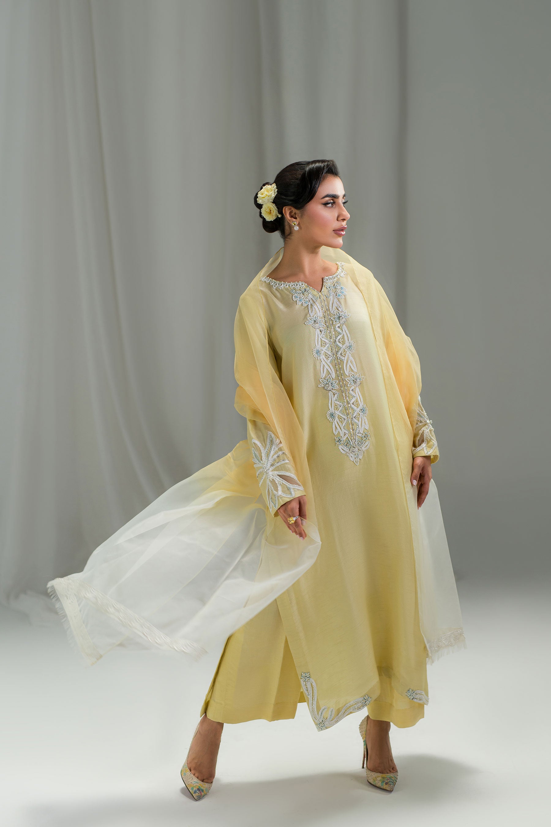 Pakistani Pastel Canary Yellow Embellished Raw Silk Salwar Kameez (3-Piece) - Image 2