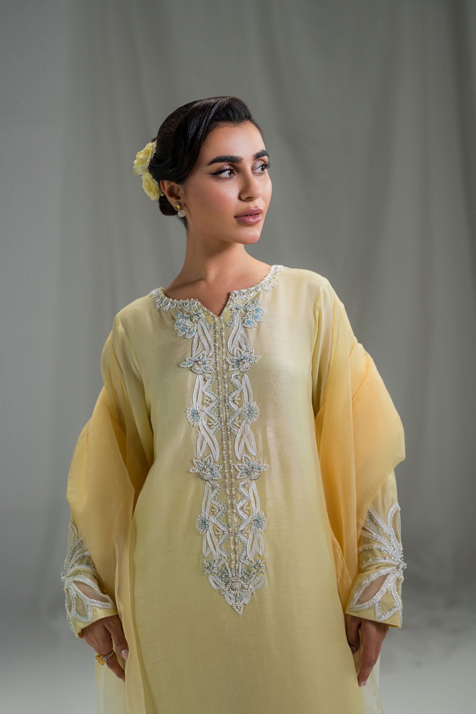 Pakistani Pastel Canary Yellow Embellished Raw Silk Salwar Kameez (3-Piece) - Image 5
