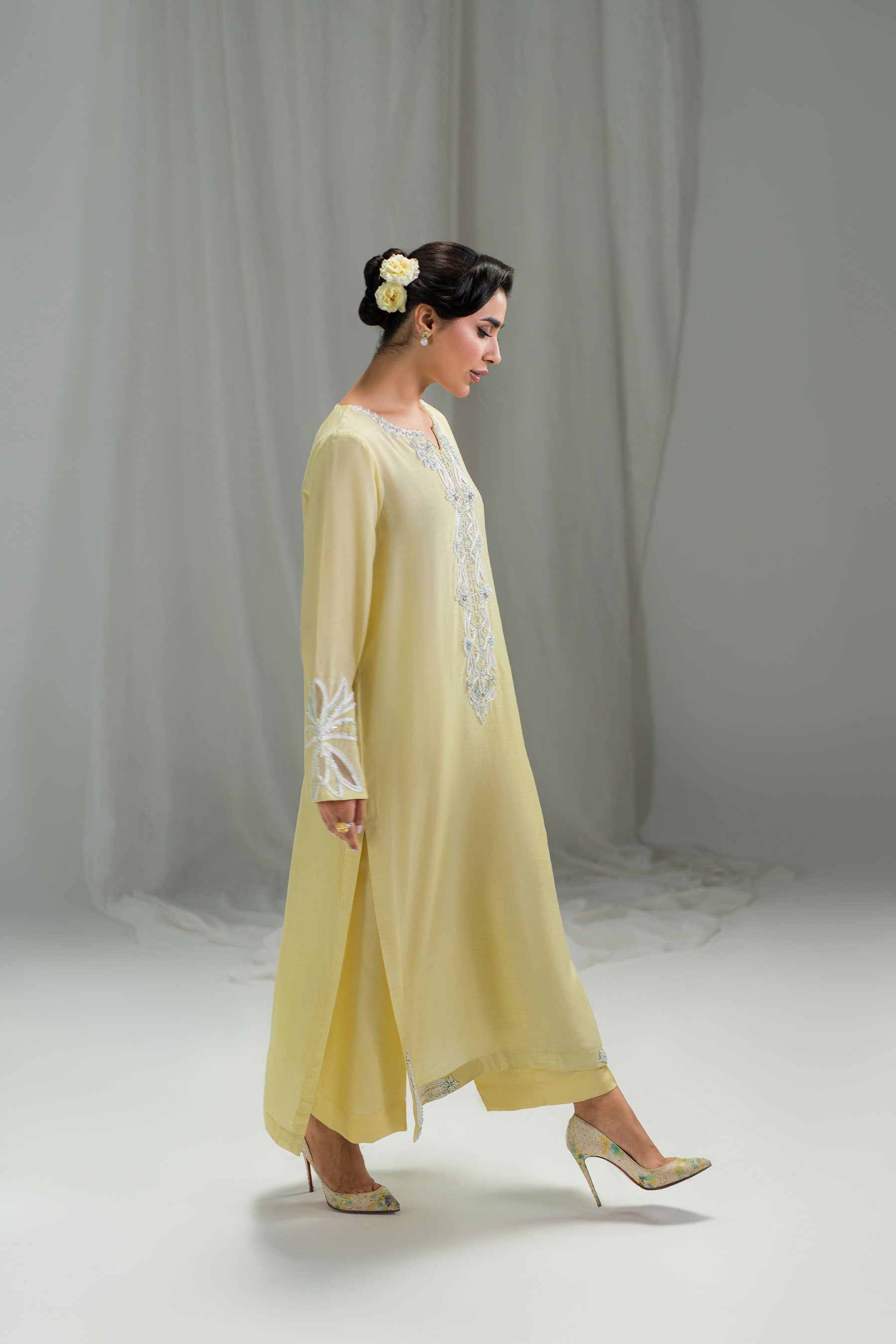 Pakistani Pastel Canary Yellow Embellished Raw Silk Salwar Kameez (3-Piece) - Image 7