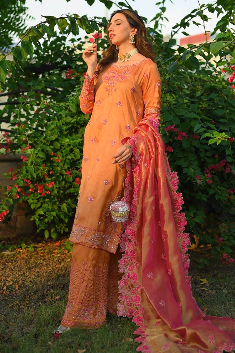 Pakistani Yellow-Orange Embroidered Korean Raw Silk Salwar Kameez (3-Piece) - Image 1