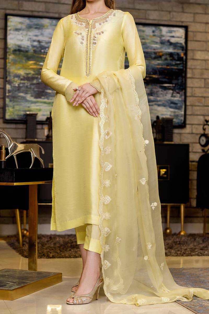 Yellow Embroidered Korean Raw Silk Salwar Kameez (3-Piece) - Image 1