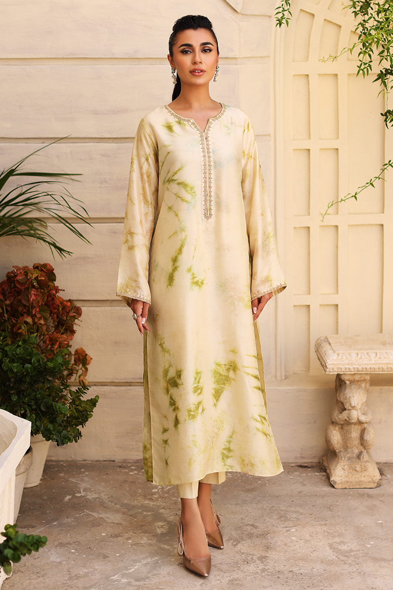 Lemon Yellow Tie-Dye Raw Silk Kurta (3-Piece) - Image 1