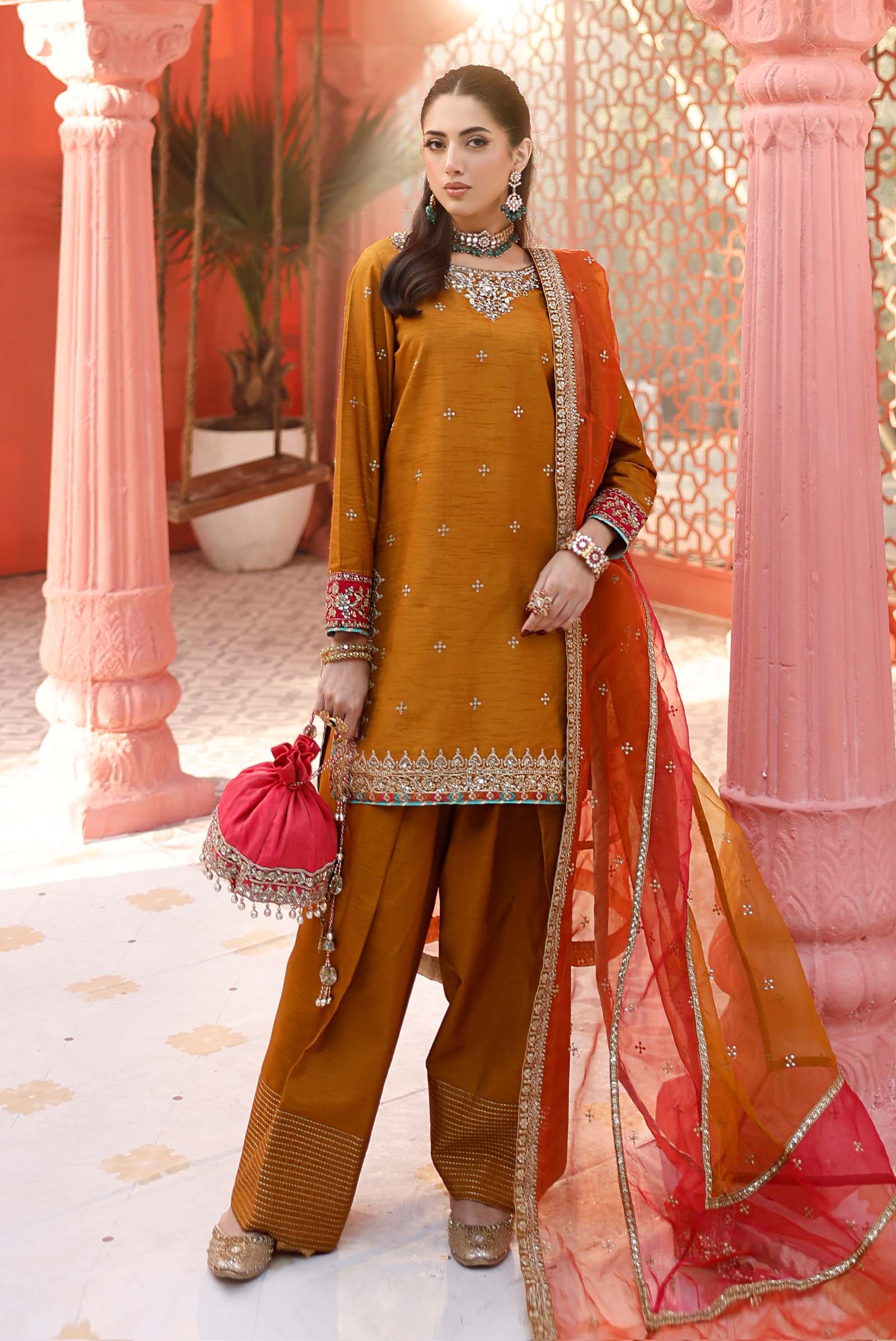 Pakistani Mustard Embroidered Raw Silk Salwar Kameez (3-Piece) - Image 1