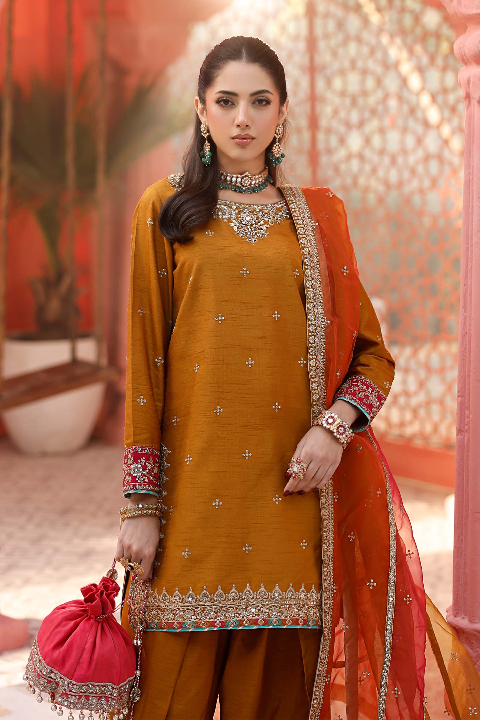 Pakistani Mustard Embroidered Raw Silk Salwar Kameez (3-Piece) - Image 2