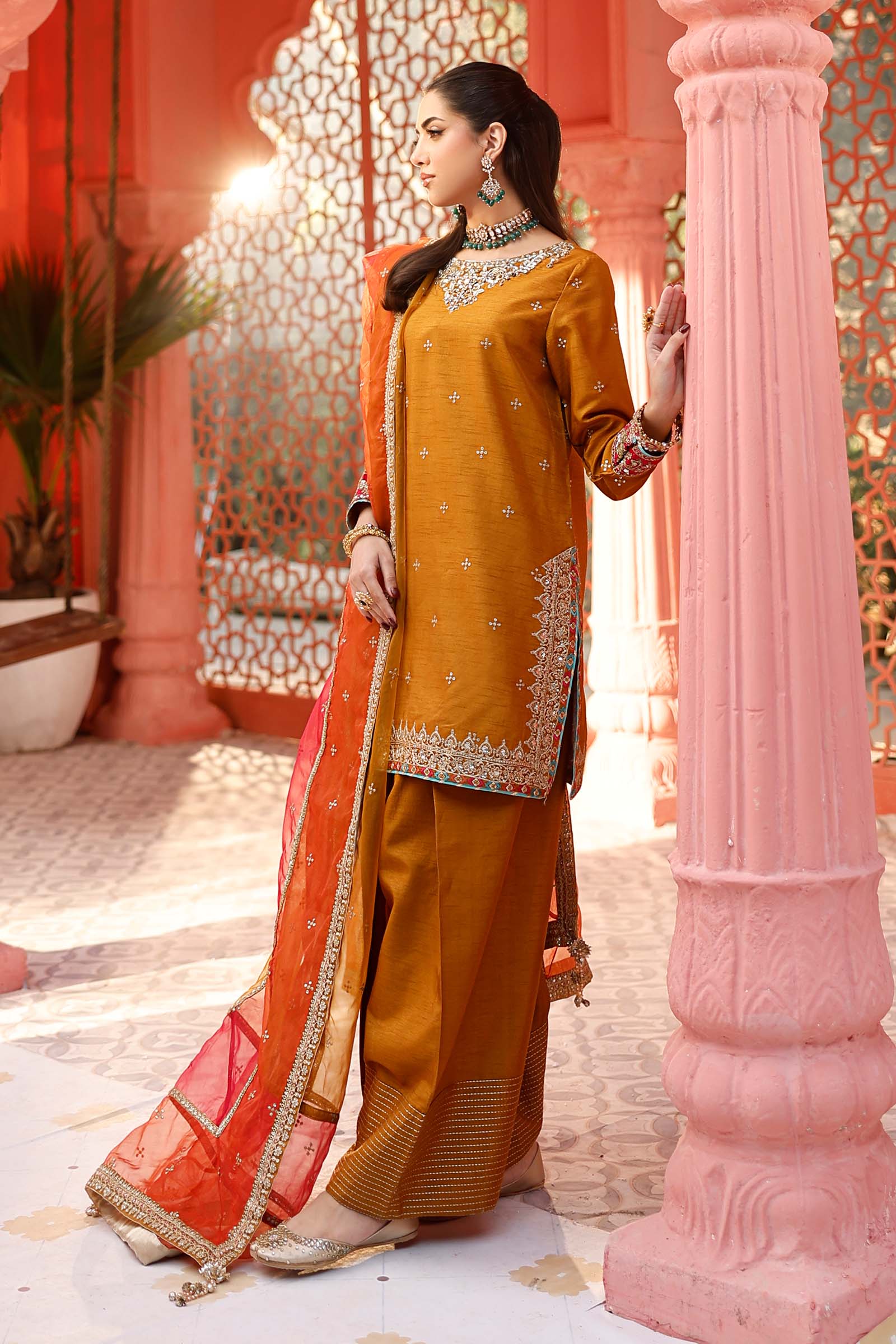 Pakistani Mustard Embroidered Raw Silk Salwar Kameez (3-Piece) - Image 4