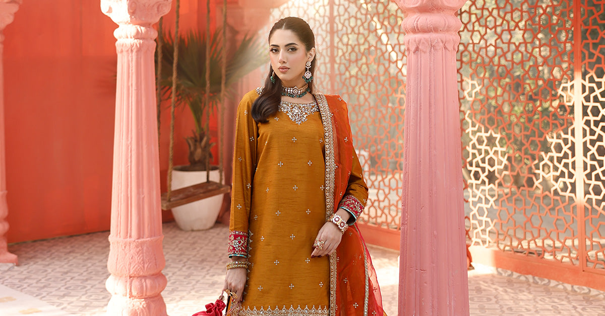 Pakistani Mustard Embroidered Raw Silk Salwar Kameez (3-Piece) - Image 5