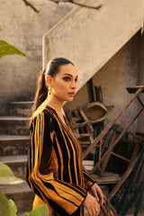 Pakistani Marigold Velvet Appliqué Raw Silk Salwar Kameez (2-Piece) - Image 2