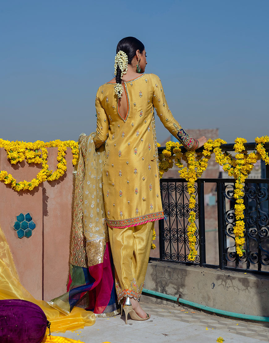 Pakistani Daffodil Yellow Embroidered Raw Silk Kurta Shalwar (3-Piece) - Image 2