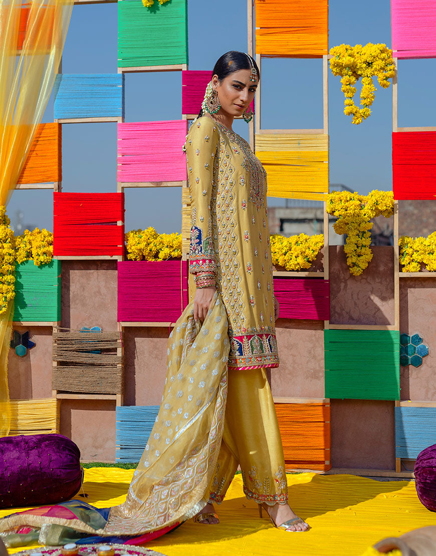 Pakistani Daffodil Yellow Embroidered Raw Silk Kurta Shalwar (3-Piece) - Image 3