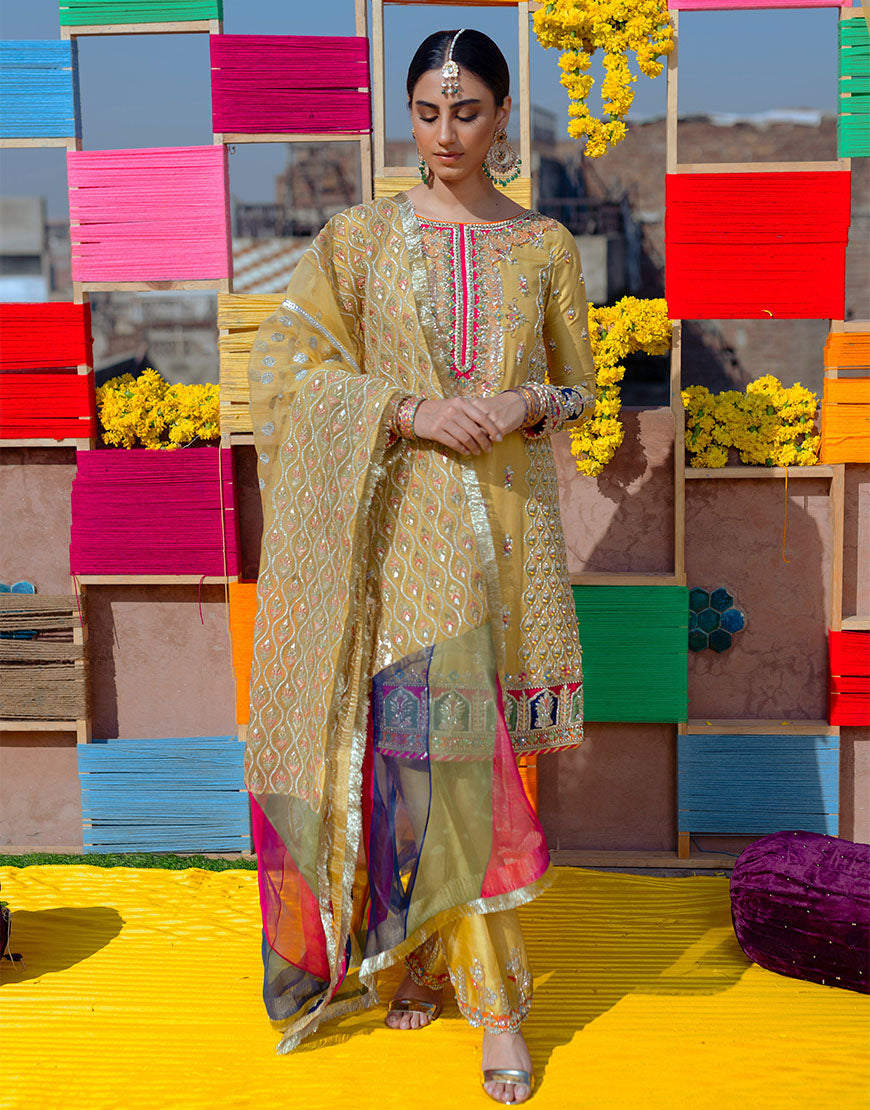 Daffodil Yellow Embroidered Raw Silk Salwar Kameez (3-Piece) - Image 1